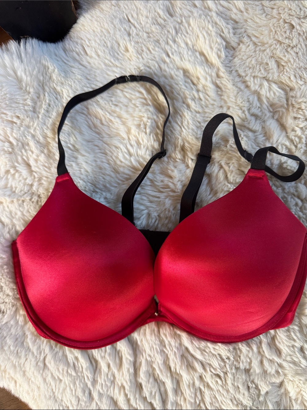 Smooth Red Satin Padded Push-up Bra with Adjustable Black Straps